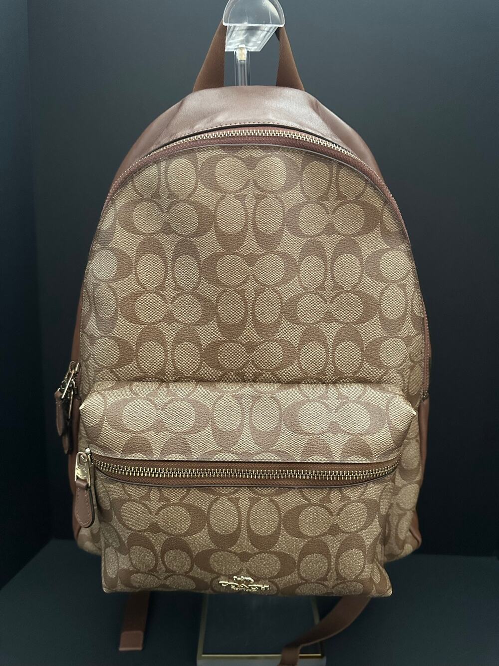 Coach Charlie Backpack F58314 Signature Canvas Khaki Saddle Brown Large
